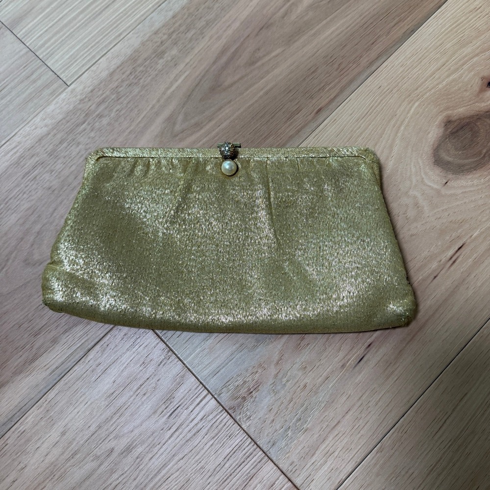 HL USA Clutch Bag Gold Metallic Vintage Pearl Rhinestone Evening Bag MCM Flaws